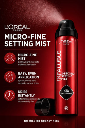 L’Oréal Paris Infallible 3-Second Makeup Setting Mist for long-lasting makeup